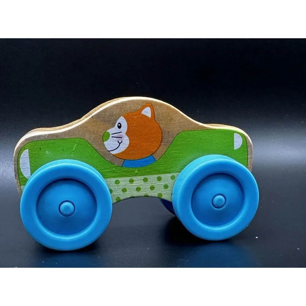 Melissa and Doug Stackable Car Wooden Toy orange cat driver blue‎ wheels 4”